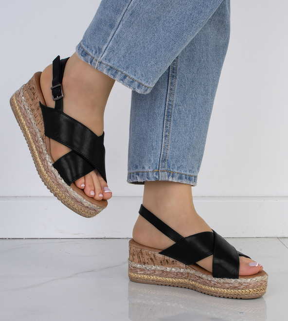 CZARNE SANDAŁY SKÓRZANE NA KOTURNIE ESPADRYLE CARYN