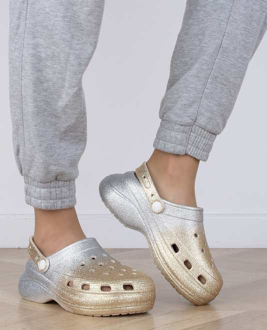 ZŁOTE BROKATOWE DAMSKIE PIANKOWE KLAPKI NA GRUBEJ PODESZWIE CITRA