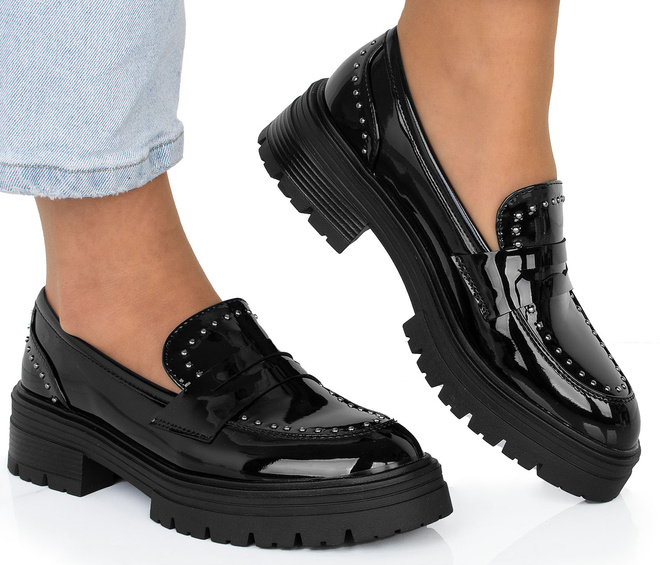 DAMSKIE CZARNE MOKASYNY LAKIEROWANE PÓŁBUTY HANO 2