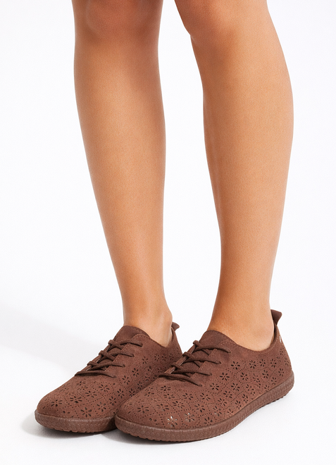 BRĄZOWE ZAMSZOWE AŻUROWE TRAMPKI TENISÓWKI SZNUROWANE