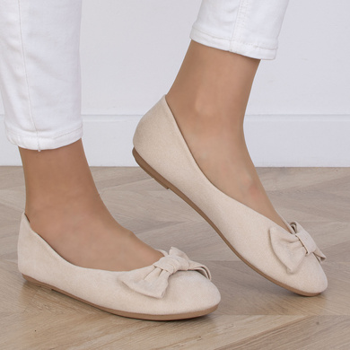 BEŻOWE MOKASYNY BALERINKI ZAMSZOWE Z KOKARDĄ EMILIA