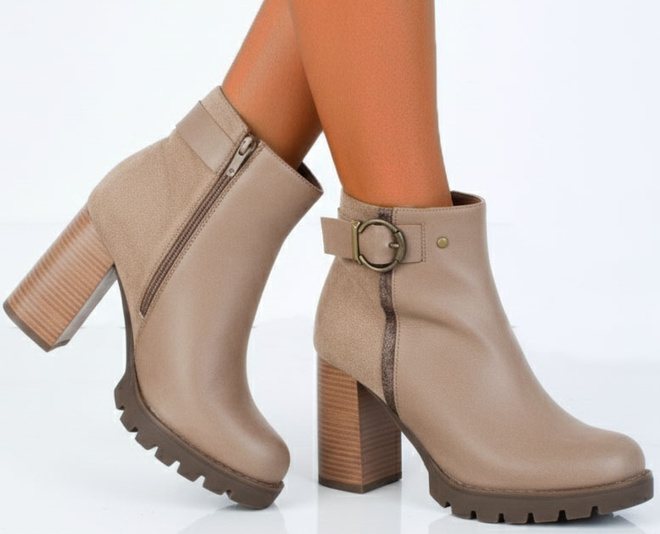  SKÓRZANE BEŻOWE BOTKI NA OBCASIE SŁUPKU  OCIEPLANE NESTIA 4