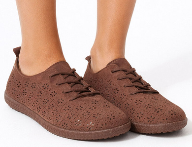 BRĄZOWE ZAMSZOWE AŻUROWE TRAMPKI TENISÓWKI SZNUROWANE