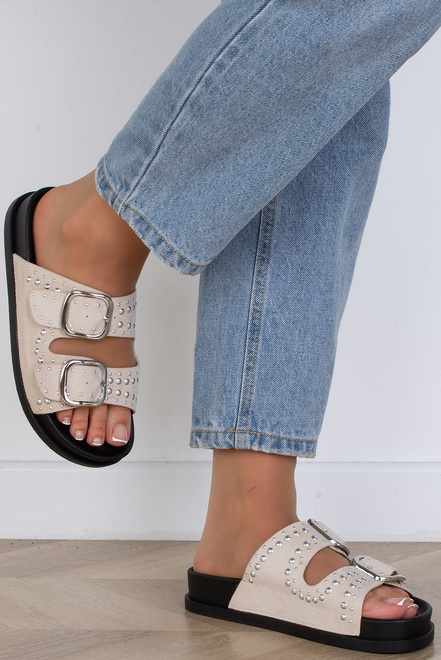 BEŻOWE KLAPKI KLAMRA ZAMSZOWE GRUBA PODESZWA IMELDA