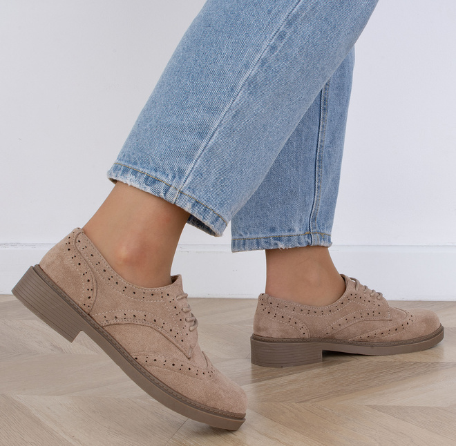 BEŻOWE PÓŁBUTY ZAMSZOWE DAMSKIE SZNUROWANE GREST 7