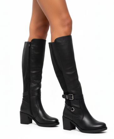 CZARNE DAMSKIE KOZAKI SKÓRZANE NA SŁUPKU ZAMSZOWE WSTAWKI TAMI