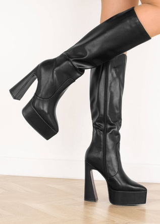 CZARNE SKÓRZANE KOZAKI NA SŁUPKU W SZPIC PLATFORMA LORIN