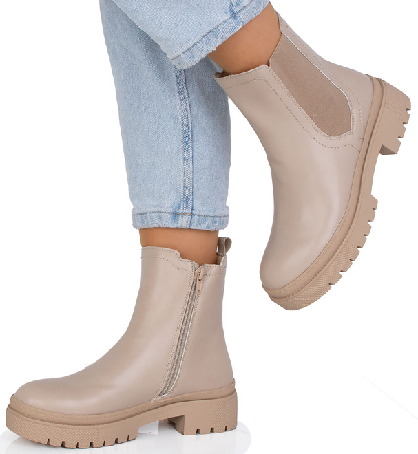 BEŻOWE SKÓRZANE BOTKI SZTYBLETY NA PLATFORMIE GUMMI 4