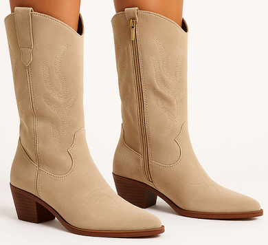 BEŻOWE ZAMSZOWE WYSOKIE KOWBOJKI BOTKI OBCAS