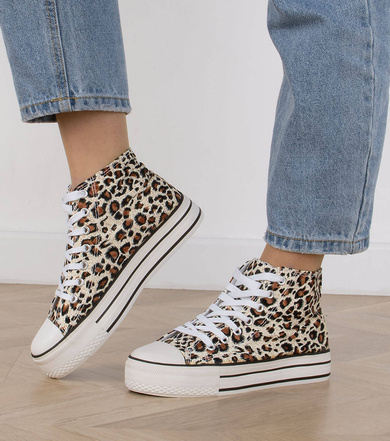 WYSOKIE TRAMPKI TENISÓWKI DAMSKIE SZNUROWANE W PANTERKĘ