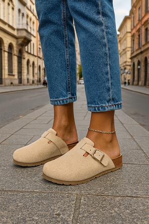 BEŻOWE KLAPKI Z KLAMRAMI ZAMSZOWE NA KORKU MOROKI