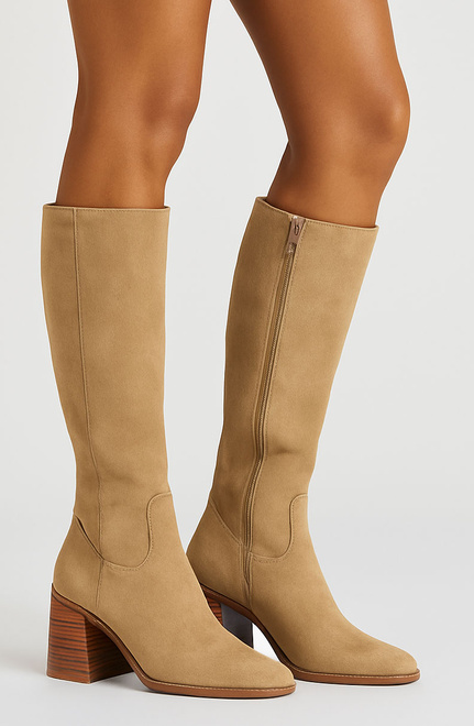 DAMSKIE KHAKI BEŻOWE WYSOKIE KOZAKI ZAMSZOWE NA SŁUPKU ANITA