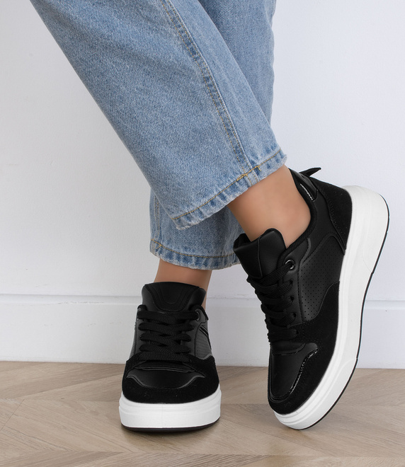 CZARNE TRAMPKI SNEAKERSY NA PLATFORMIE SISAL 7