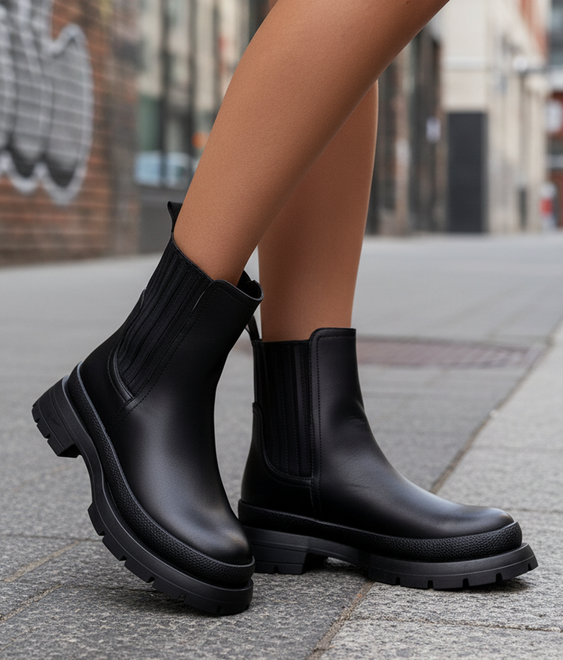 CZARNE DAMSKIE BOTKI SKÓRZANE PLATFORMA WSUWANE MONTANA