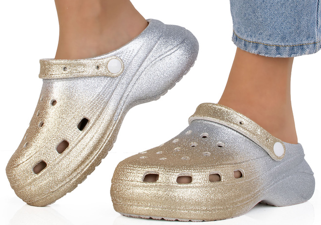 ZŁOTE BROKATOWE DAMSKIE PIANKOWE KLAPKI NA GRUBEJ PODESZWIE CITRA 4