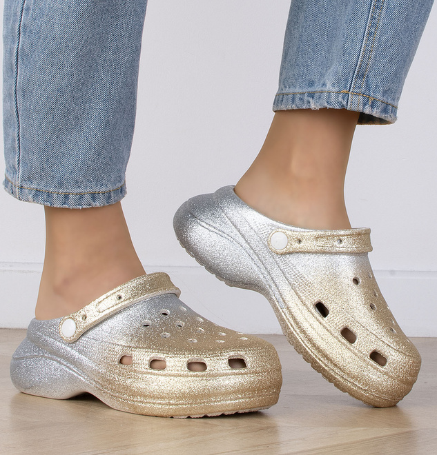 ZŁOTE BROKATOWE DAMSKIE PIANKOWE KLAPKI NA GRUBEJ PODESZWIE CITRA 5