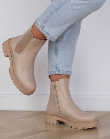 BEŻOWE SKÓRZANE BOTKI SZTYBLETY NA PLATFORMIE GUMMI