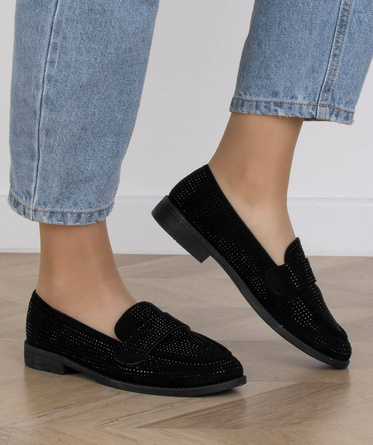 CZARNE MOKASYNY ZAMSZOWE DAMSKIE ZE ZDOBIENIEM CORALINE