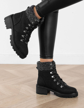 CZARNE BOTKI OCIEPLANE TRAPERY SZNUROWANE ZENA