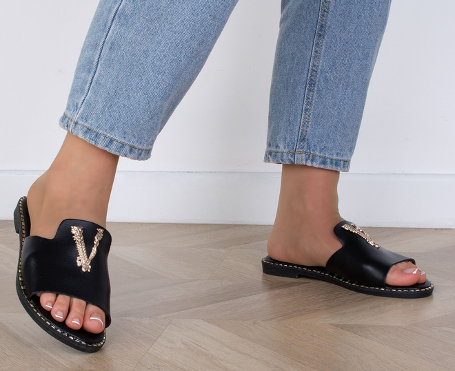 CZARNE DAMSKIE SKÓRZANE KLAPKI ELEGANCKIE OZDOBA FRANKLIN 5