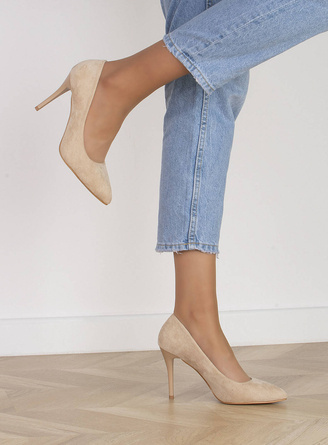 BEŻOWE ZAMSZOWE SZPILKI CZÓŁENKA DIPSY