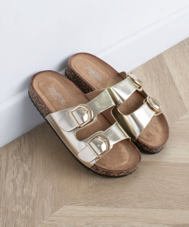 DAMSKIE WSUWANE ZŁOTE KLAPKI Z KLAMRAMI EKOSKÓRA ELLA