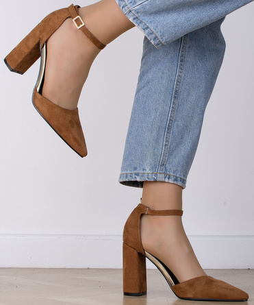 BRĄZOWE DAMSKIE ZAMSZOWE CZÓŁENKA NA SŁUPKU DUNE