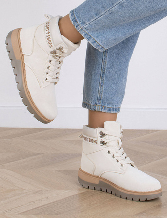 DAMSKIE BEŻOWE BOTKI OCIEPLANE POLAR TRAPERY SZNUROWANE HIMI