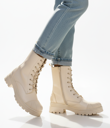 BEŻOWE OCIEPLANE BOTKI TRAPERY EKOSKÓRA LAUREN