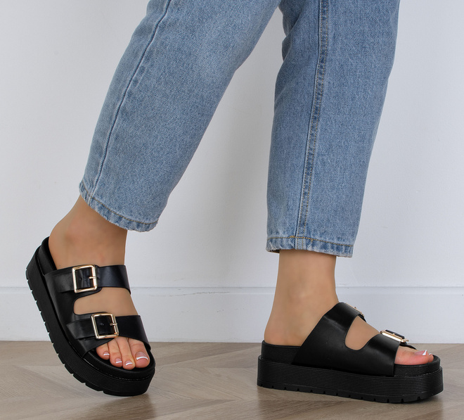 CZARNE KLAPKI KLAMRA SKÓRZANE GRUBA PODESZWA IMELDA 5