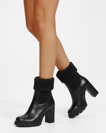 SKÓRZANE CZARNE BOTKI NA OBCASIE NA SŁUPKU OCIEPLANE BIGI