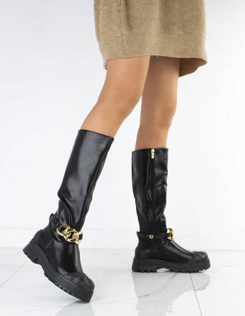 CZARNE SKÓRZANE KOZAKI Z ŁAŃCUCHEM KRISMA