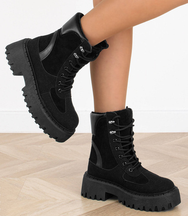 CZARNE BOTKI ZAMSZOWE OCIEPLANE TRAPERY SZNUROWANE PERINE