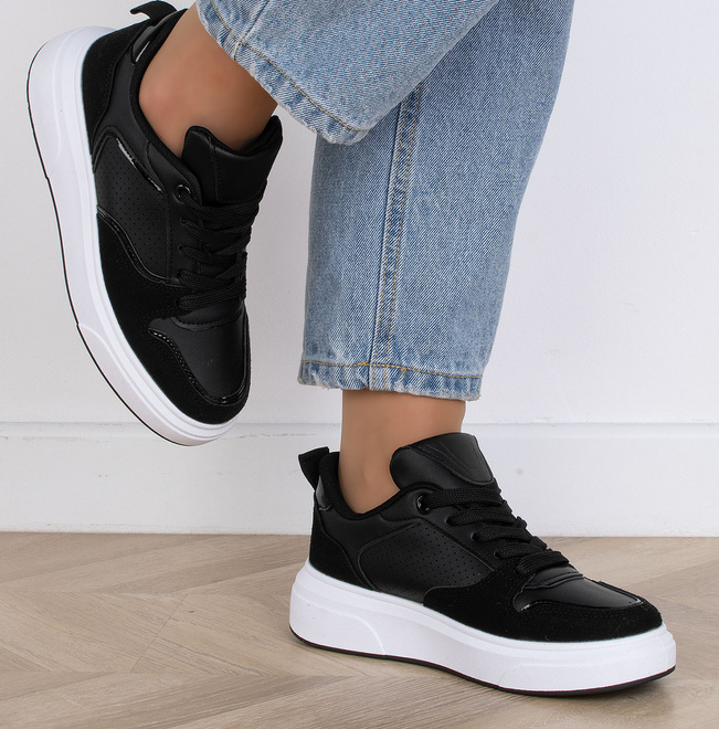 CZARNE TRAMPKI SNEAKERSY NA PLATFORMIE SISAL 5