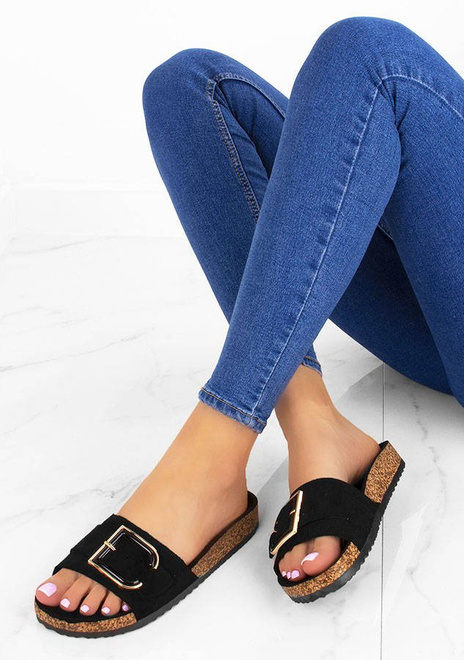 CZARNE ZAMSZOWE KLAPKI NA KORKU Z KLAMRĄ  VERONI