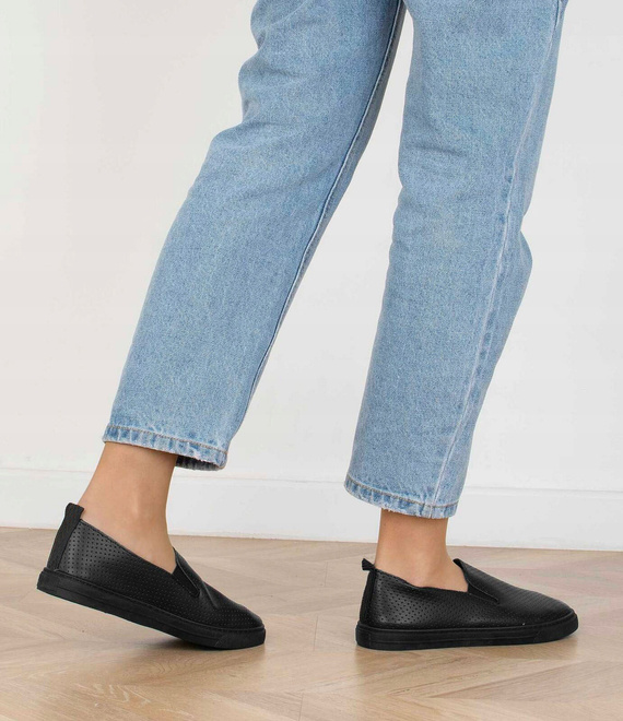 CZARNE TRAMPKI TENISÓWKI AŻUROWE SLIP ON  6